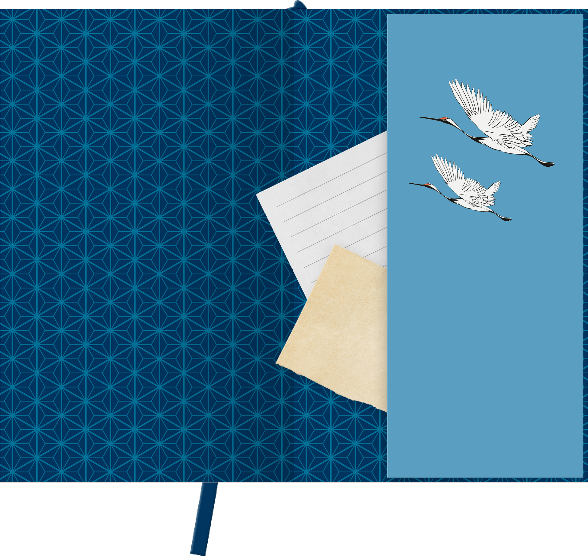 Gezeigt wird eine Innen- oder Zusatzansicht von „myNOTES Papeterie: Notizbuch A6 Japan“. Der innere Hintergrund ist in einem tiefen Blau mit einem geometrischen, helleren Muster gestaltet. Auf der rechten Seite befindet sich eine praktische Tasche in hellblauer Farbe, die mit zwei stilisierten, weißen Storchen verziert ist. Ein Teil der Tasche enthält ein Blatt liniertem Papier sowie einen kleinen, beigefarbenen Notizzettel. Die Typografie ist elegant und schlicht, passend zur...