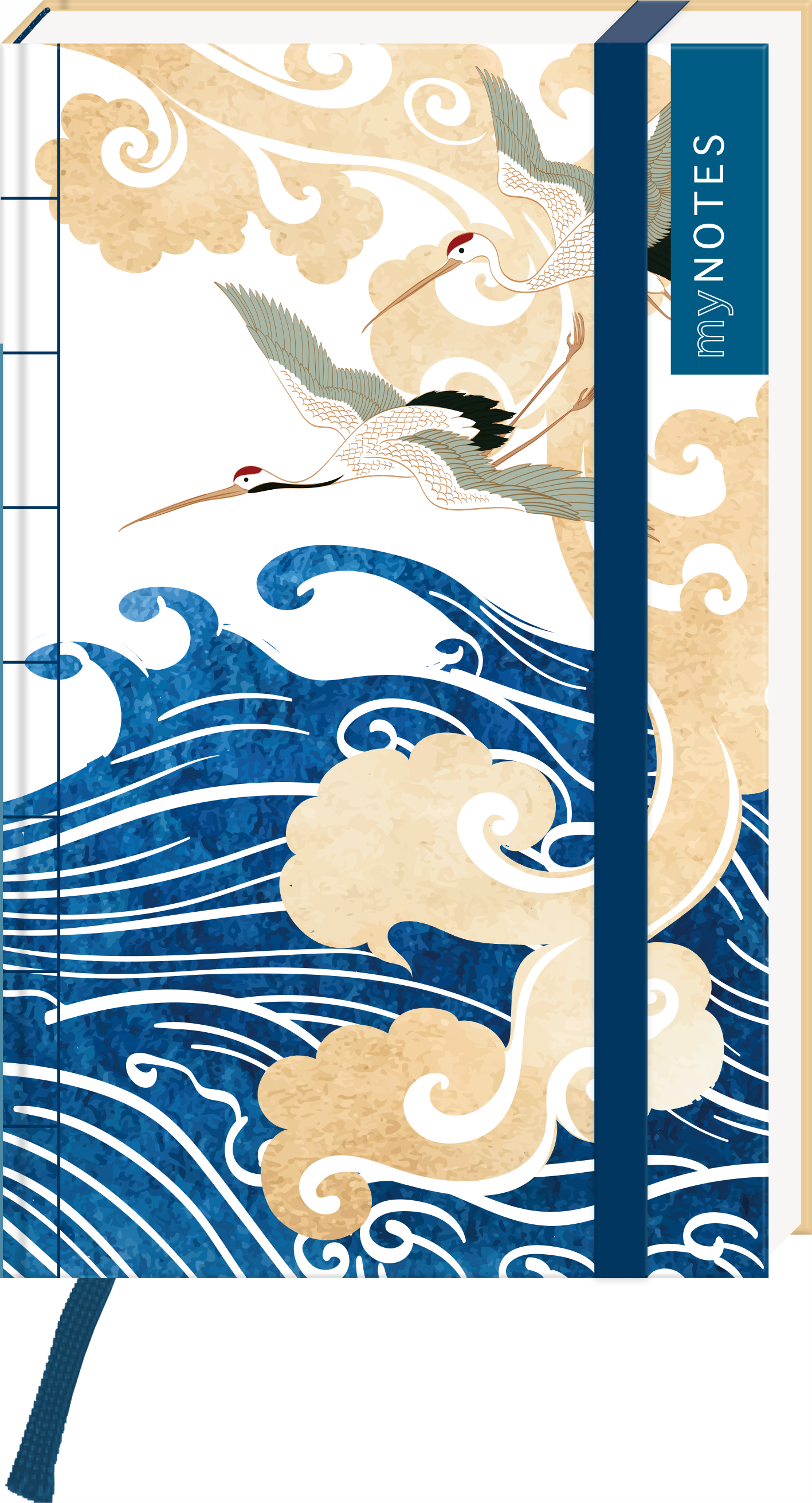 Das Buchcover zeigt eine stilisierte Darstellung von zwei Krähen, die über dynamische Wellen fliegen. Die Farbpalette besteht aus sanften Beigetönen, kräftigem Blau und elegantem Weiß, was eine harmonische und beruhigende Atmosphäre schafft. Auf der rechten Seite ist eine blaue Binde mit der Aufschrift „my NOTES“ zu sehen. Der Hintergrund ist mit kunstvollen Wolkenmotiven verziert. Ganz unten mittig steht der Logoschriftzug von arsEdition.