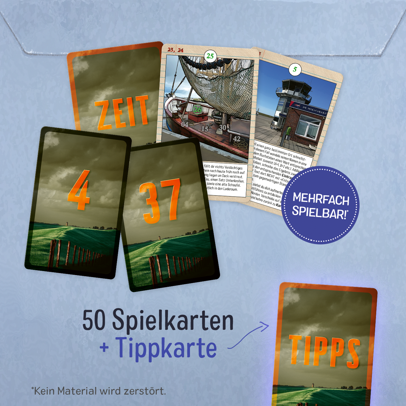 Gezeigt wird eine Innen- oder Zusatzansicht von „Ostfriesenspiel Sonderausgabe mit Autogrammkarte“. Die Darstellung umfasst insgesamt 50 Spielkarten, die in warmen Erdtönen gehalten sind, mit klaren, orangefarbenen Zahlen und Titeln wie „ZEIT“ und „TIPPS“. Auf der rechten Seite sind zwei zusätzliche Karten mit Bildern und Informationen sichtbar. Der Hintergrund in sanften Blautönen sorgt für eine angenehme Gesamtästhetik. Der Hinweis „MEHRFACH SPIELBAR!“ ist in einem...