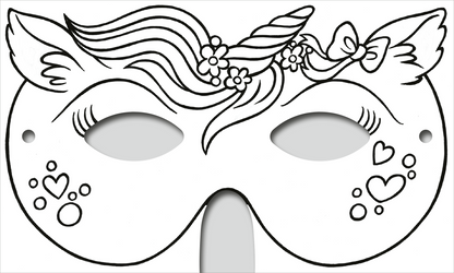Gezeigt wird eine Innen- oder Zusatzansicht von „Zauberhafte Masken zum Ausmalen“. Die Abbildung zeigt eine fantasievolle Maske, die mit feinen Linien gestaltet ist. Sie hebt ein Einhorn mit einer geschwungenen Mähne hervor, sowie Blumen und eine Schleife. Die Maske ist mit spielerischen Herzen und kleinen Kreisen verziert, die darauf warten, coloriert zu werden. Die verwendete Typografie ist klar und verspielt, was den kreativen Charakter der Maske unterstreicht.