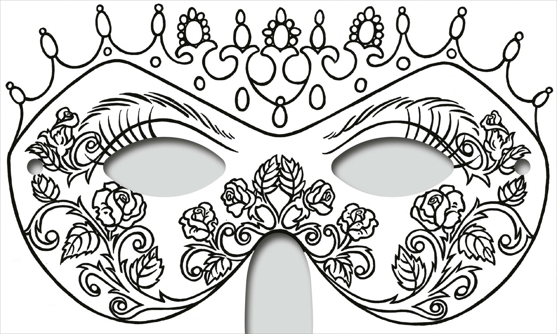 Gezeigt wird eine Innen- oder Zusatzansicht von „Zauberhafte Masken zum Ausmalen“. Die Darstellung zeigt eine filigran gestaltete Maske mit floralen Motiven, darunter Rosen und geschwungene Linien. Oben ist eine Krone aus kleinen Perlen und Bögen zu sehen. Die Zeichnung ist in klaren, schwarzen Konturen gehalten, die darauf warten, farblich ausgestaltet zu werden, und bietet viel Raum für kreative Entfaltung.