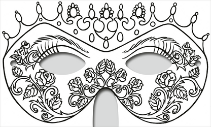 Gezeigt wird eine Innen- oder Zusatzansicht von „Zauberhafte Masken zum Ausmalen“. Die Darstellung zeigt eine filigran gestaltete Maske mit floralen Motiven, darunter Rosen und geschwungene Linien. Oben ist eine Krone aus kleinen Perlen und Bögen zu sehen. Die Zeichnung ist in klaren, schwarzen Konturen gehalten, die darauf warten, farblich ausgestaltet zu werden, und bietet viel Raum für kreative Entfaltung.