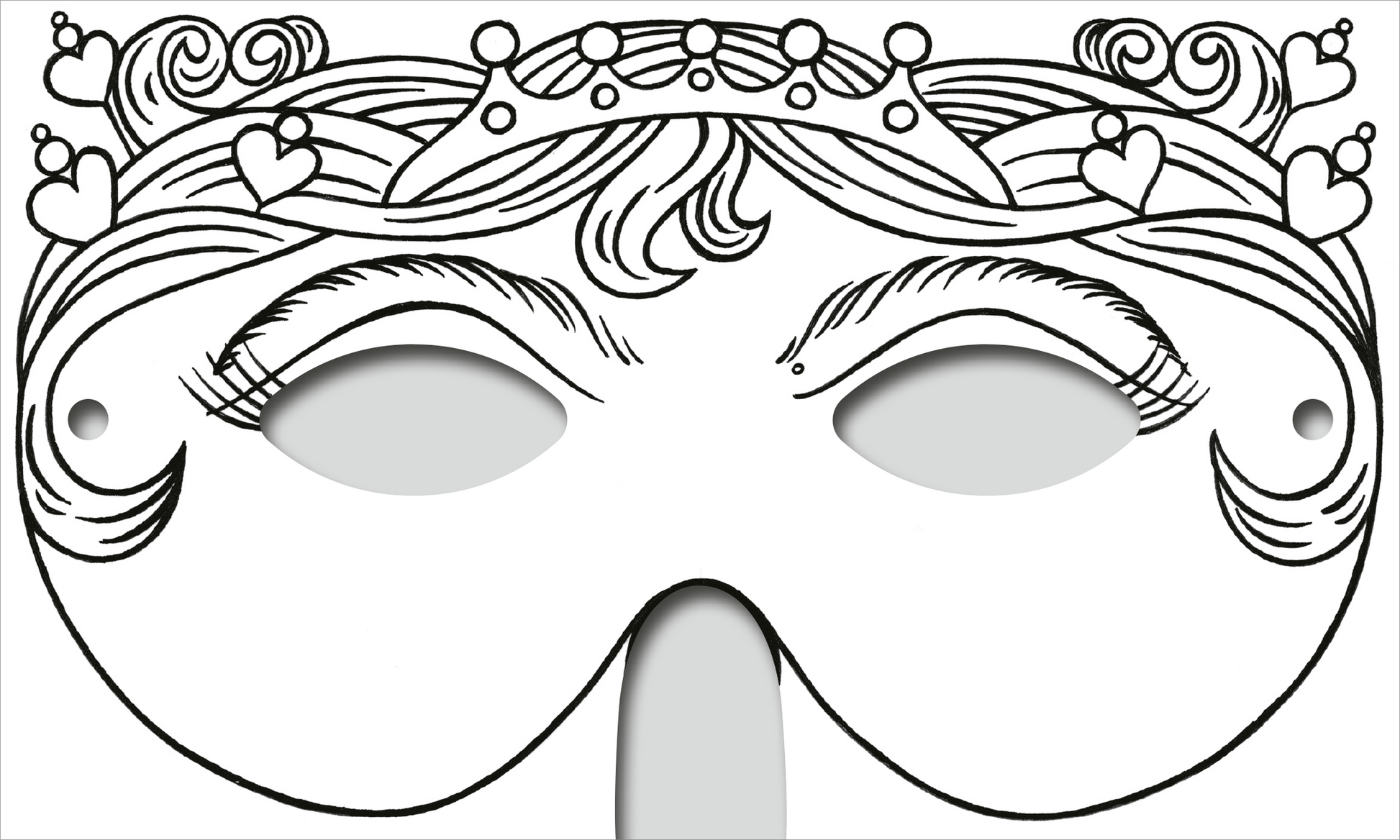 Gezeigt wird eine Innen- oder Zusatzansicht von „Zauberhafte Masken zum Ausmalen“. Die Maske zeigt einen feinen, künstlerischen Umriss mit einer Vielzahl von Details, darunter ein Haarband und kleine Herzen. Die Augenpartien sind oval und großzügig gestaltet. Der gesamte Entwurf ist in Schwarz-Weiß gehalten, was die Ausmalfähigkeit fördert. Die minimalistischen, verspielten Linien laden zur kreativen Gestaltung ein.