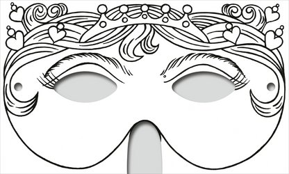 Gezeigt wird eine Innen- oder Zusatzansicht von „Zauberhafte Masken zum Ausmalen“. Die Maske zeigt einen feinen, künstlerischen Umriss mit einer Vielzahl von Details, darunter ein Haarband und kleine Herzen. Die Augenpartien sind oval und großzügig gestaltet. Der gesamte Entwurf ist in Schwarz-Weiß gehalten, was die Ausmalfähigkeit fördert. Die minimalistischen, verspielten Linien laden zur kreativen Gestaltung ein.