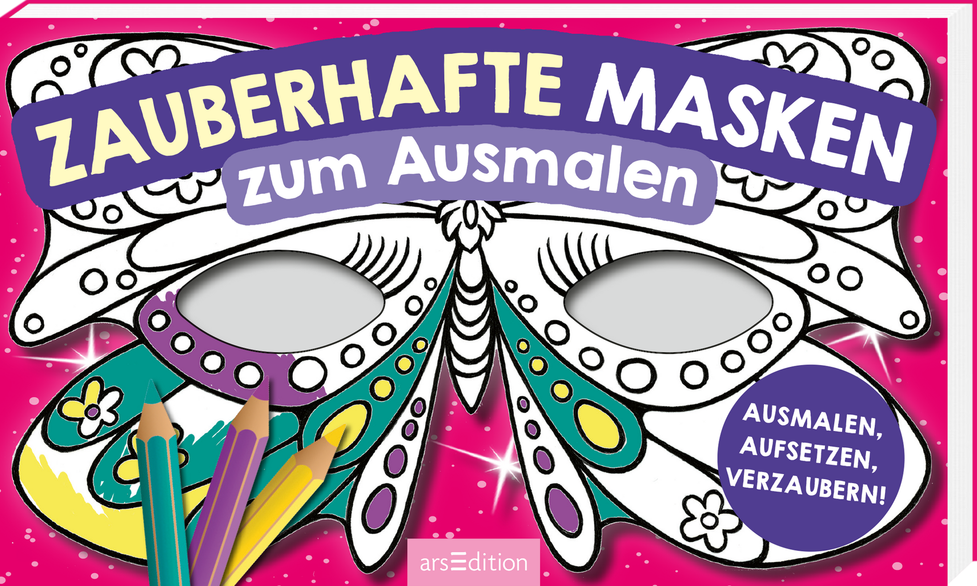 Auf dem Cover steht der Titel „ZAUBERHAFTE MASKEN“ in großen, weißen Kapitalbuchstaben auf lila Hintergrund. Darunter folgt „zum Ausmalen“ in einer verspielten, kreisförmigen Schrift. Das Cover zeigt eine große, ausdrucksstarke Maske mit einem bunten, detaillierten Design, die darauf wartet, ausgemalt zu werden. Im oberen Bereich ist ein Button platziert mit dem Text „AUSMALEN, AUFSETZEN, VERZAUBERN!“ umgeben von bunten Farbstiften. Ganz unten mittig steht der Logoschriftzug von...