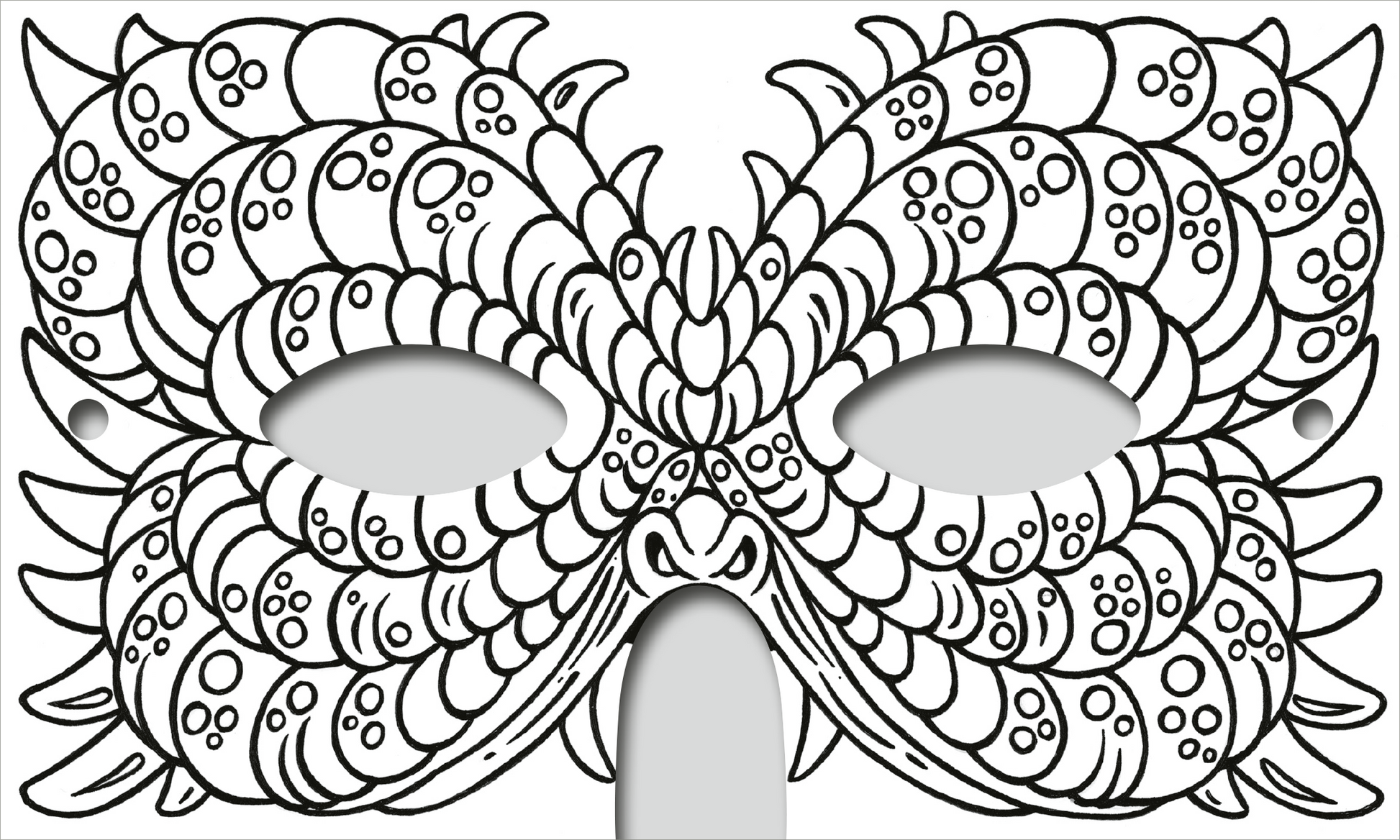 Gezeigt wird eine Innen- oder Zusatzansicht von „Abenteuer-Masken zum Ausmalen“. Die Abbildung zeigt eine fantasievolle Maske mit geschwungenen, wellenartigen Mustern und zahlreichen kleinen Punkten. Die Umrisse sind in einer kräftigen schwarzen Linie gehalten, die kontrastreich auf dem weißen Hintergrund wirkt. Die Maske hat zwei große Augenöffnungen und eine zentrale Nase, was ihr ein maskulines, aber verspieltes Aussehen verleiht.