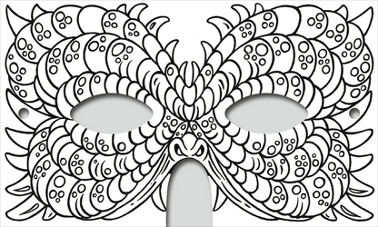 Gezeigt wird eine Innen- oder Zusatzansicht von „Abenteuer-Masken zum Ausmalen“. Die Abbildung zeigt eine fantasievolle Maske mit geschwungenen, wellenartigen Mustern und zahlreichen kleinen Punkten. Die Umrisse sind in einer kräftigen schwarzen Linie gehalten, die kontrastreich auf dem weißen Hintergrund wirkt. Die Maske hat zwei große Augenöffnungen und eine zentrale Nase, was ihr ein maskulines, aber verspieltes Aussehen verleiht.
