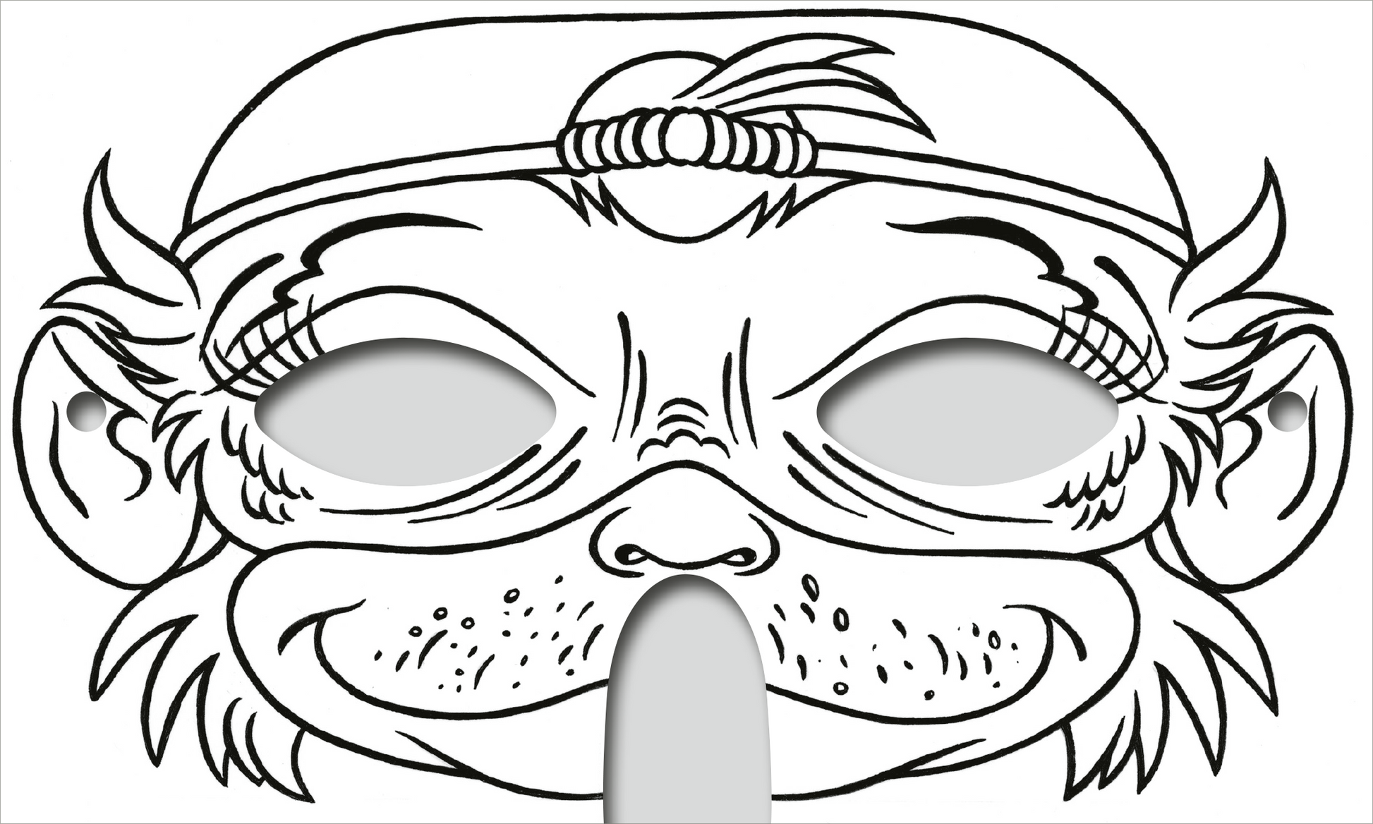 Gezeigt wird eine Innen- oder Zusatzansicht von „Abenteuer-Masken zum Ausmalen“. Die Illustration zeigt ein maskenartiges Gesicht mit großen, runden Augenlöchern und einer breiten, fröhlichen Mundpartie. Die Konturen sind klar und dick umrandet, optimal zum Ausmalen. Die Themenfarbe ist durch die Verwendung von Schwarz auf weißem Hintergrund betont, was den Kindern ermöglicht, kreativ mit Farben zu experimentieren. Die einfache, kindgerechte Typografie ergänzt das Gesamtbild und macht...