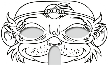 Gezeigt wird eine Innen- oder Zusatzansicht von „Abenteuer-Masken zum Ausmalen“. Die Illustration zeigt ein maskenartiges Gesicht mit großen, runden Augenlöchern und einer breiten, fröhlichen Mundpartie. Die Konturen sind klar und dick umrandet, optimal zum Ausmalen. Die Themenfarbe ist durch die Verwendung von Schwarz auf weißem Hintergrund betont, was den Kindern ermöglicht, kreativ mit Farben zu experimentieren. Die einfache, kindgerechte Typografie ergänzt das Gesamtbild und macht...