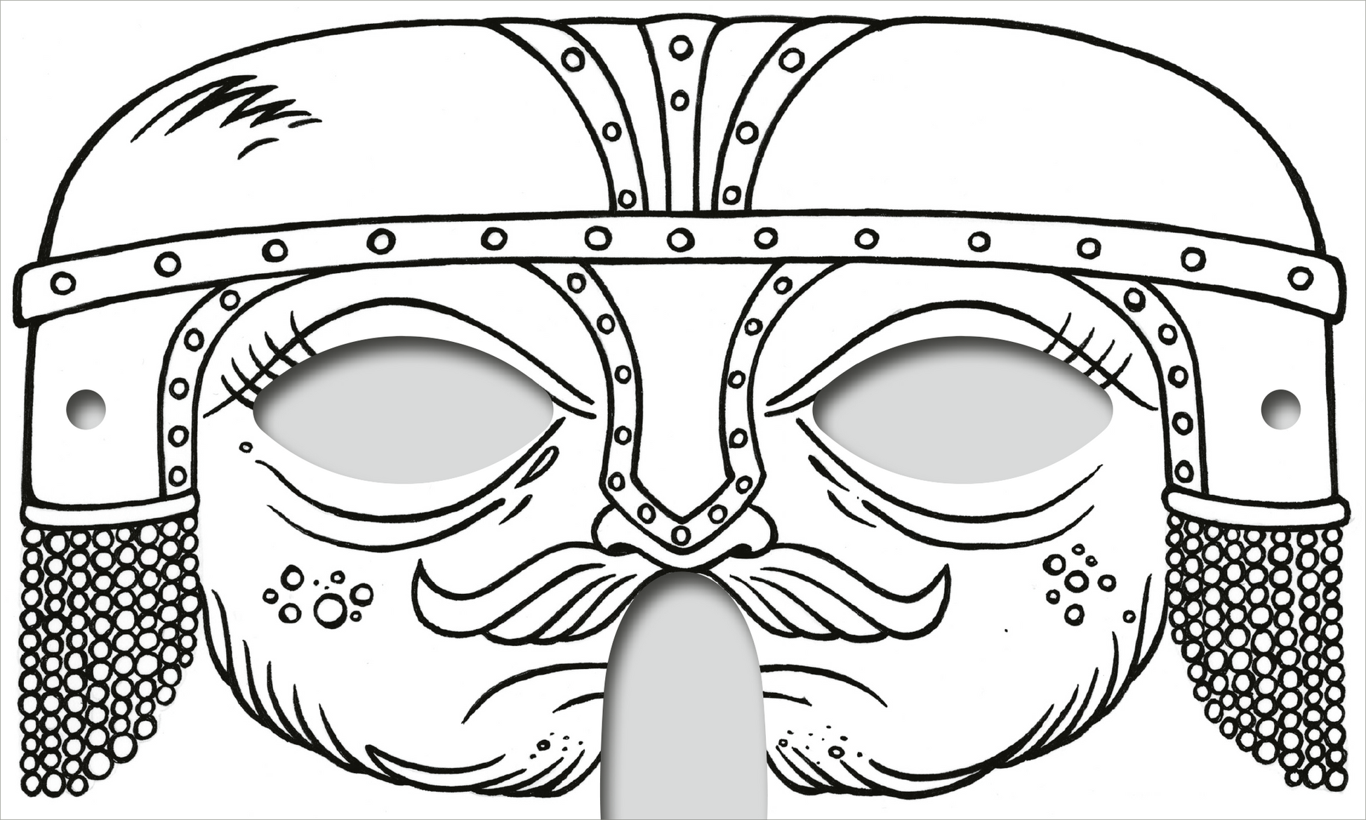 Gezeigt wird eine Innen- oder Zusatzansicht von „Abenteuer-Masken zum Ausmalen“. Die Abbildung zeigt eine Maske in Form eines kriegerischen Gesichts mit einem überdimensionierten Helm. Der Helm ist mit kleinen, kreisförmigen Nieten verziert und hat kühn ausgearbeitete Details. Neben den großen Augenöffnungen befinden sich dekorative Elemente wie ein Schnurrbart und punktierte Muster. Die Maske ist vollständig in schwarz-weiß gehalten, um das Ausmalen zu ermöglichen.