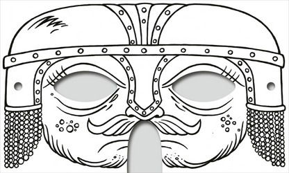 Gezeigt wird eine Innen- oder Zusatzansicht von „Abenteuer-Masken zum Ausmalen“. Die Abbildung zeigt eine Maske in Form eines kriegerischen Gesichts mit einem überdimensionierten Helm. Der Helm ist mit kleinen, kreisförmigen Nieten verziert und hat kühn ausgearbeitete Details. Neben den großen Augenöffnungen befinden sich dekorative Elemente wie ein Schnurrbart und punktierte Muster. Die Maske ist vollständig in schwarz-weiß gehalten, um das Ausmalen zu ermöglichen.