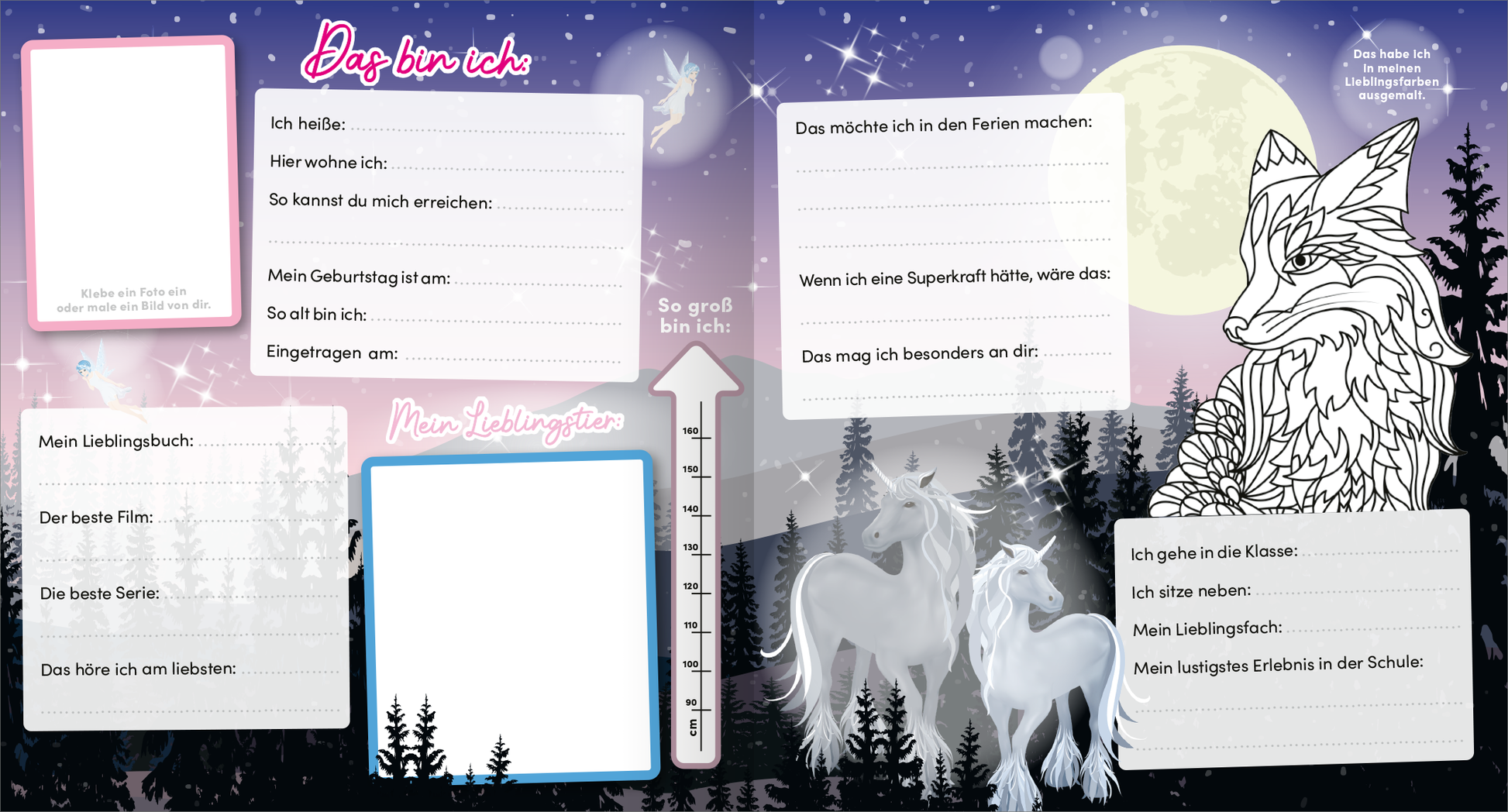 Gezeigt wird eine Innen- oder Zusatzansicht von „Meine Schulfreunde – Einhorn“. Die Seite ist in sanften Lila- und Blautönen gehalten und zeigt eine Traumlandschaft mit Sternen und einer großen, hellen Mondscheibe. Links sind dekorative Felder für persönliche Informationen und Kreativelemente, während rechts ein niedliches Einhorn und ein Wolf in Zeichentrickstil abgebildet sind. Die Typografie ist verspielt und freundlich, ergänzt durch handschriftliche Textfelder für persönliche...