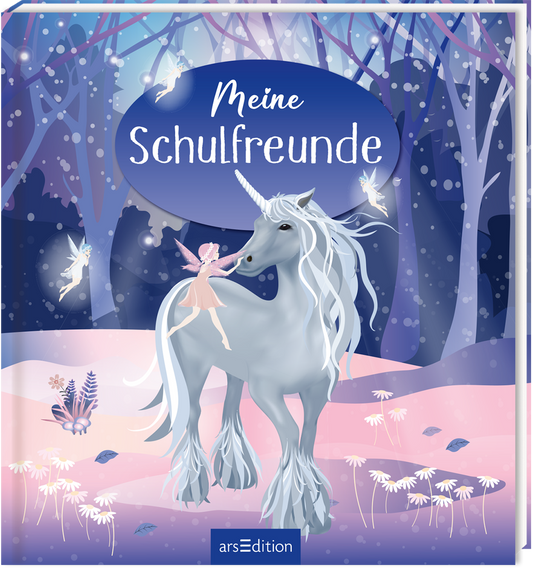 Das Buchcover zeigt ein zauberhaftes Szenario mit einem grauen Einhorn und einer kleinen, geflügelten Fee, die zärtlich miteinander interagieren. Der Hintergrund ist in sanften Blau- und Rosatönen gehalten, mit einer mystischen Waldszenerie und leuchtenden Sternen. Die Schrift „Meine Schulfreunde“ erscheint in eleganter, weißer Typografie innerhalb einer ovalen, blauen Fläche. Ganz oben rechts ist ein SPIEGEL-Bestseller-Button zu sehen. Ganz unten mittig steht der Logoschriftzug von...