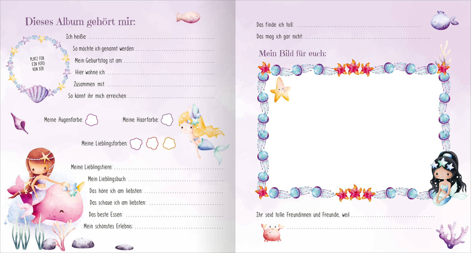 Gezeigt wird eine Innen- oder Zusatzansicht von „Meine liebsten Freunde – Meerjungfrau“. Die Doppelseite enthält sanfte Pastellfarben mit einer überwiegenden lila Hintergrunderstellung. Auf der linken Seite sind Illustrationen von zwei Meerjungfrauen sowie verschiedenen maritimen Elementen wie Muscheln und Fischen. Rechts befindet sich ein leeres Feld eingerahmt von bunten Unterwasser-Motiven. Die Schrift ist verspielt und gut lesbar, mit Platz für persönliche Eintragungen.