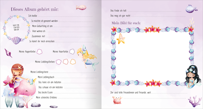 Gezeigt wird eine Innen- oder Zusatzansicht von „Meine liebsten Freunde – Meerjungfrau“. Die Doppelseite enthält sanfte Pastellfarben mit einer überwiegenden lila Hintergrunderstellung. Auf der linken Seite sind Illustrationen von zwei Meerjungfrauen sowie verschiedenen maritimen Elementen wie Muscheln und Fischen. Rechts befindet sich ein leeres Feld eingerahmt von bunten Unterwasser-Motiven. Die Schrift ist verspielt und gut lesbar, mit Platz für persönliche Eintragungen.