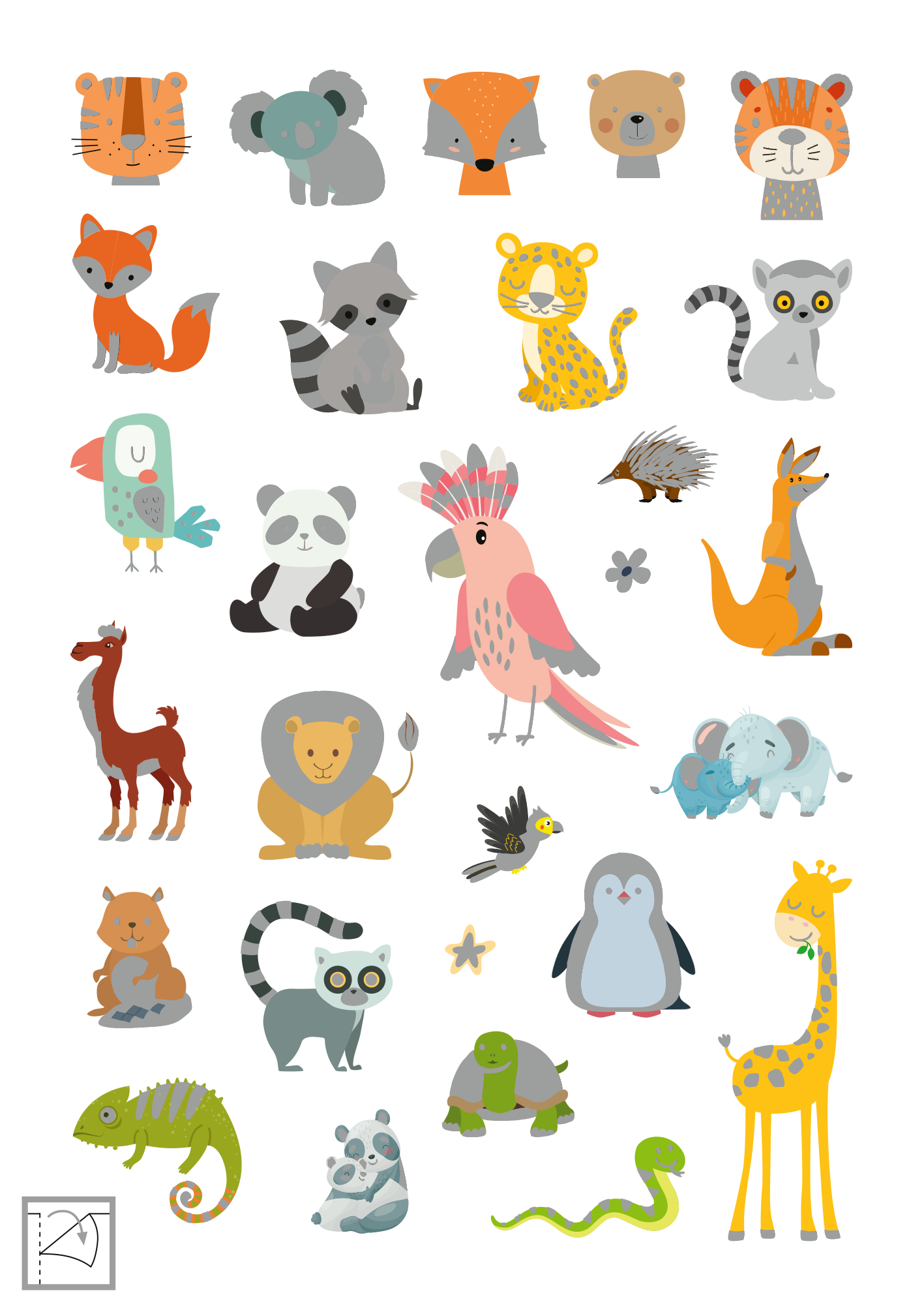 Gezeigt wird eine Innen- oder Zusatzansicht von „Metallic-Sticker – Wilde Tiere“. Die Abbildung zeigt eine bunte Ansammlung von 24 Tiermotiven im cartoonhaften Stil. Zu sehen sind Tiere wie ein Tiger, Koala, Fuchs und Giraffe, die in sanften Farben wie Orange, Grau, Grün und Rosa gestaltet sind. Jedes Tier hebt sich durch klare Konturen und eine verspielte Typografie ab, unterstützt durch glänzende metallic Farbakzente, die den Stickern einen besonderen Glanz verleihen.
