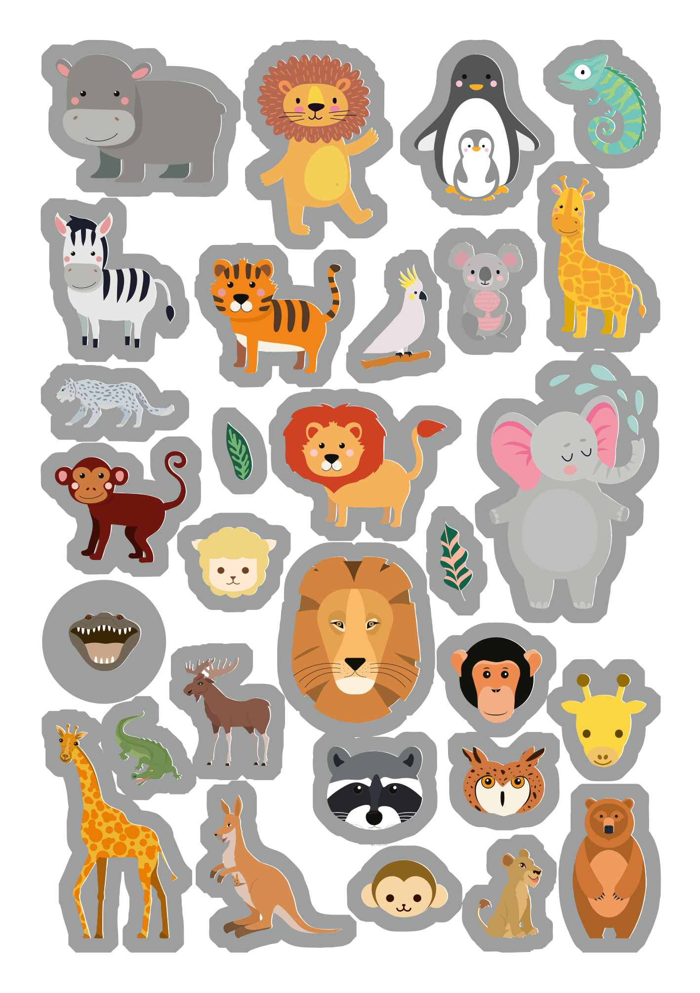 Gezeigt wird eine Innen- oder Zusatzansicht von „Metallic-Sticker – Wilde Tiere“. Die Ansicht zeigt eine Vielzahl von niedlichen, cartoonhaften Tieren wie Löwen, Elefanten, Giraffen und Pinguinen, die farbenfroh gestaltet sind. Die Tiere sind in lebhaften Farben wie Gelb, Orange, Grün und Blau gehalten. Ein grauer Hintergrund sorgt für einen harmonischen Kontrast. Die Typografie ist verspielt und nicht überladen, wodurch die Sticker ansprechend und einladend wirken.