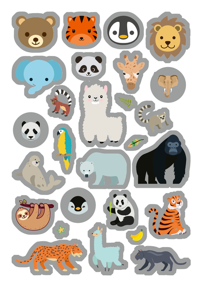 Gezeigt wird eine Innen- oder Zusatzansicht von „Metallic-Sticker – Wilde Tiere“. Die Ansicht zeigt verschiedene Tiermotive in lebhaften Farben, darunter einen Bären, einen Tiger, einen Elefanten und einen Gorillafamilien. Die Sticker sind in klaren, verspielten Illustrationen gestaltet, umgeben von einem glänzenden silbernen Rand. Die Typografie ist minimal, mit einem kindgerechten und einladenden Stil, der die verschiedenen Tierarten anschaulich darstellt.