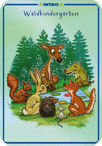 Gezeigt wird eine Innen- oder Zusatzansicht von „Spinn dich aus – Tiergeschichten“. Die Illustration zeigt eine Gruppe von Tieren, darunter ein Reh, ein Eichhörnchen, ein Hase, ein Igel, eine Maus und ein Fuchs, die um ein buntes Spiel auf dem Boden versammelt sind. Der Hintergrund ist von grünen, stilisierten Tannenbäumen geprägt. Die Farbpalette ist lebhaft und warm, dominiert von Grün- und Brauntönen. Der Titel „Waldkindergarten“ ist in blauer, verspielter Schrift am oberen...
