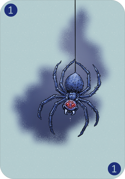 Gezeigt wird eine Innen- oder Zusatzansicht von „Spinn dich aus – Gruselgeschichten“. Die Illustration zeigt eine große, detaillierte Spinne mit einem runden Körper und langen, dünnen Beinen. Sie ist in dunklen Blau- und Lilatönen gehalten, während die Augen rot leuchten. Im Hintergrund sind verschwommene, hellere Schatten zu erkennen. Die Typografie ist groß und klar, mit der Zahl „1“ in einer runden, blauen Kapsel, was die Aufmachung verstärkt.