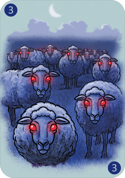 Gezeigt wird eine Innen- oder Zusatzansicht von „Spinn dich aus – Gruselgeschichten“. Die Illustration zeigt eine Schafherde mit leuchtend roten Augen, die vor einem dunklen, nachtblauen Hintergrund stehen. Der Himmel ist mit Wolken und einem schmalen Mond sichtbar. Die Schafe haben eine lockige Wolle und sind in unterschiedlichen Positionen angeordnet, was eine unheimliche Atmosphäre erzeugt. In zwei Ecken steht die Nummer 3.