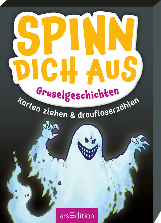 Die 3D-Ansicht der Kartenbox zeigt einen gruseligen, stilisierten Geist in leuchtenden Blau- und Weißtönen, der schelmisch lächelt. Der Titel „SPINN DICH AUS“ ist in großen, gelben Buchstaben angeordnet, während darunter in Pink „Gruselgeschichten“ steht. Am Coverrand ist die Aufforderung „Karten ziehen &amp; draufloserzählen“ in kleinerer, weißer Schrift abgedruckt. Der Hintergrund ist schwarz. Ganz unten mittig steht der Logoschriftzug von arsEdition.