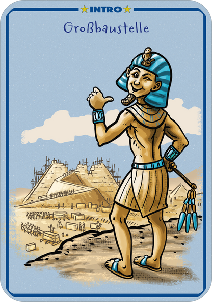 Gezeigt wird eine Innen- oder Zusatzansicht von „Spinn dich aus – Zeitreisegeschichten“. Die Illustration zeigt einen altägyptischen Pharao mit blauer Kopfbedeckung, der lächelnd auf eine Großbaustelle einer Pyramide im Hintergrund verweist. Die Farbpalette umfasst sanfte Sand- und Blautöne, während die Schrift in klaren Buchstaben das Wort „Großbaustelle“ hervorhebt. Die gesamte Komposition vermittelt ein geschichtsträchtiges und einladendes Gefühl.