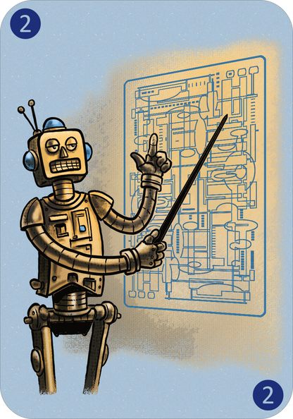 Gezeigt wird eine Innen- oder Zusatzansicht von „Spinn dich aus – Zeitreisegeschichten“. Der Hintergrund ist in Pastellblau gehalten, während ein humorvoll gestalteter, roboterähnlicher Charakter in braunen und goldenen Tönen im Vordergrund steht. Der Roboter hält einen Zeigestock und zeigt auf eine technische Zeichnung, die grobe, stilisierte Linien und Formen in einem helleren Blau zeigt.