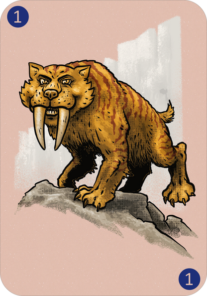 Gezeigt wird eine Innen- oder Zusatzansicht von „Spinn dich aus – Zeitreisegeschichten“. Die Illustration zeigt ein prähistorisches Säbelzahntiger mit stattlichen, ausgeprägten Eckzähnen und einem kräftigen, muskulösen Körper. Es steht auf einem grauen Felsen, während der Hintergrund in sanften, hellen Farbtönen gehalten ist.