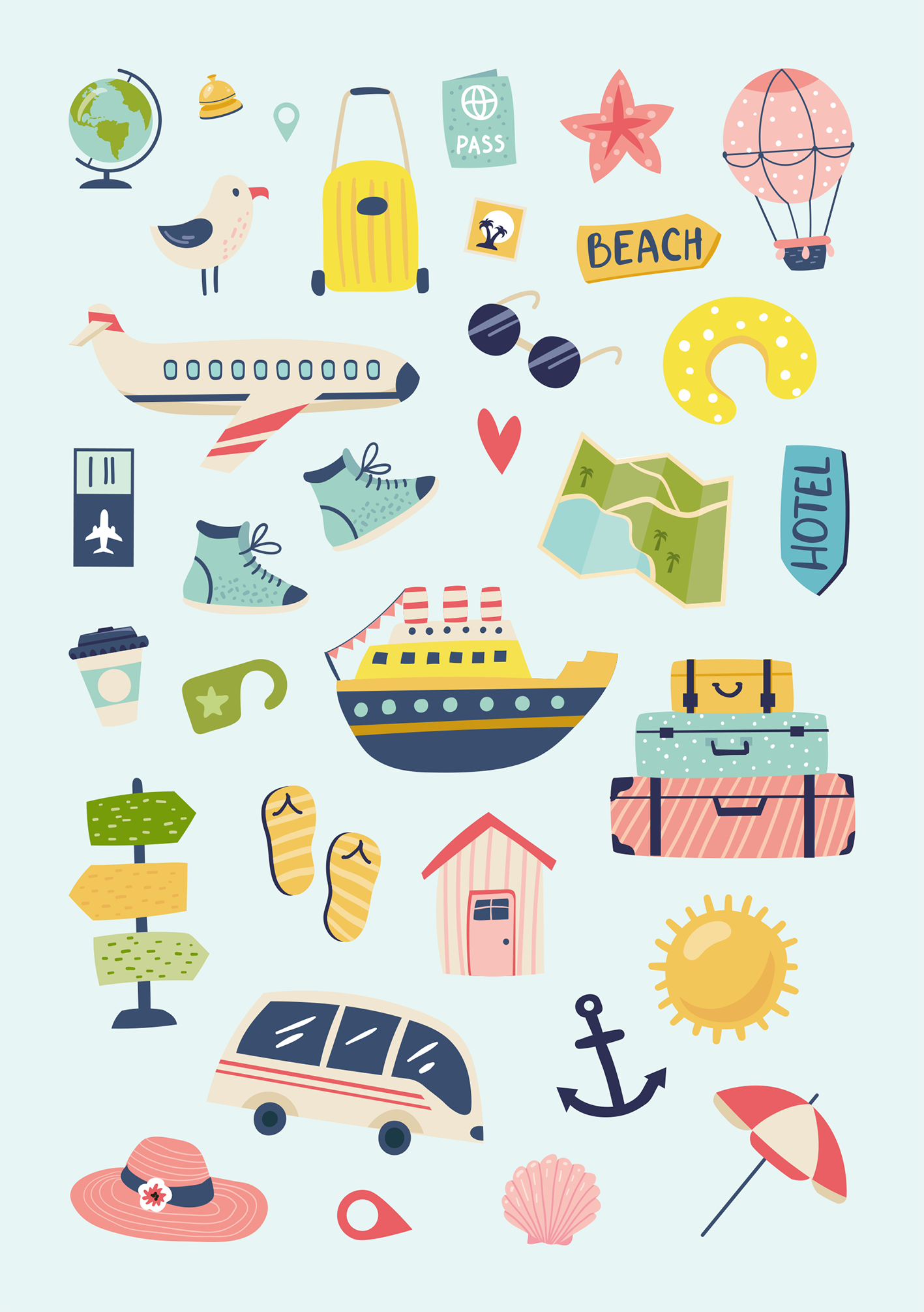 Gezeigt wird eine Innen- oder Zusatzansicht von „Feriensticker“. Die Illustration zeigt eine Sammlung von farbenfrohen Reise-Iconen auf einem hellblauen Hintergrund. Zu den zentralen Elementen gehören ein Flugzeug, ein Schiff, Koffer, eine Weltkugel, ein Strandspielzeug und ein Sonnenhut. Die verwendeten Farben sind lebhaft, darunter Gelb, Grün, Blau, Rot und Pink. Die fröhliche, verspielte Typografie ergänzt die Themen Reisen und Urlaub.