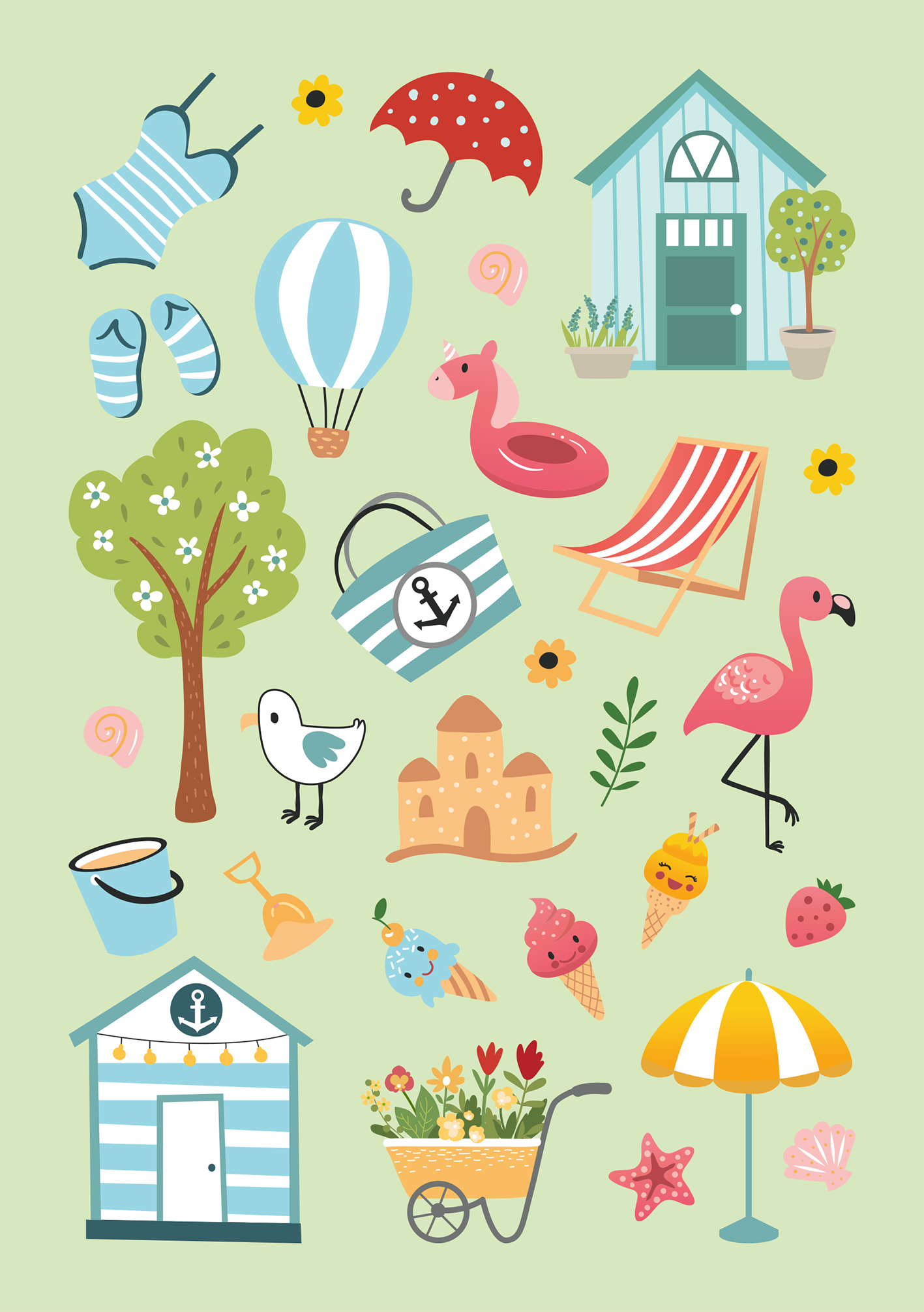 Gezeigt wird eine Innen- oder Zusatzansicht von „Feriensticker“. Die Darstellung umfasst verschiedene sommerliche Motive, darunter einen Badeanzug, einen Regenschirm und einen Luftballon in sanften Blau- und Rottönen. Zudem sind ein pinkfarbener Flamingo, ein Zelt und eine Eisdiele in hellen Farben zu sehen. Die Typografie ist verspielt und freundlich, die Elemente sind auf einem hellgrünen Hintergrund platziert, was eine fröhliche, einladende Atmosphäre schafft.