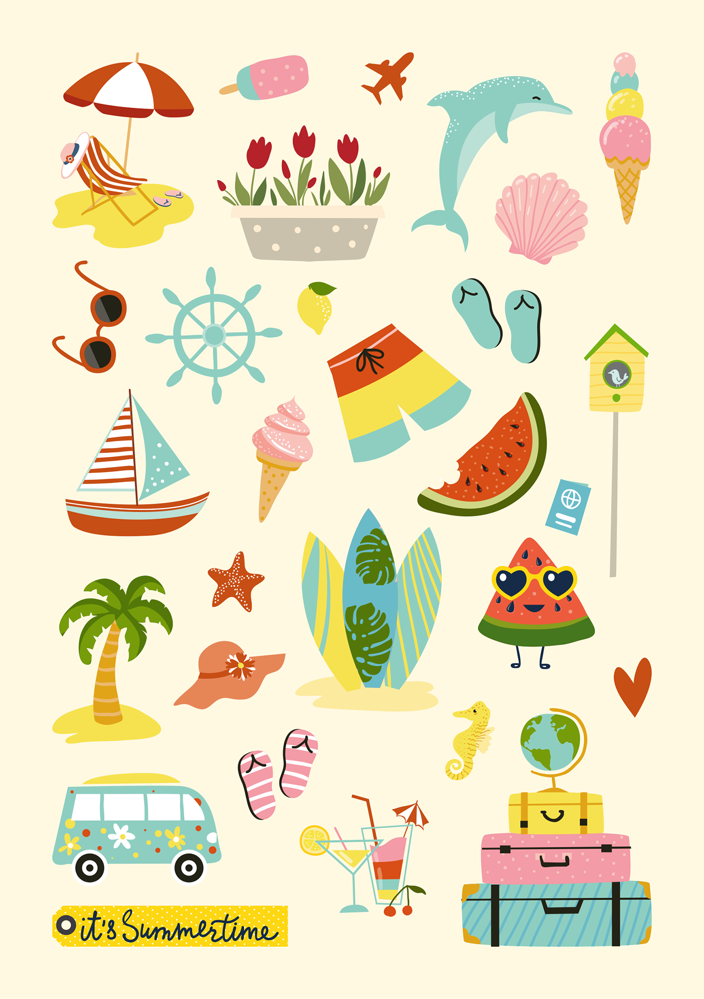 Gezeigt wird eine Innen- oder Zusatzansicht von „Feriensticker“. Die Illustration zeigt bunte, sommerliche Motive wie einen Sonnenschirm, eine Wassermelone, eine Muschel und bunte Getränke. Die Farbpalette umfasst kräftige Töne wie Rot, Blau und Gelb auf einem hellen, cremefarbenen Hintergrund. Die Versalien „it&#039;s Summertime“ sind in einer verspielten Schriftart gestaltet. Verschiedene Accessoires und eine kleine Weltkugel runden das vielseitige Layout ab.