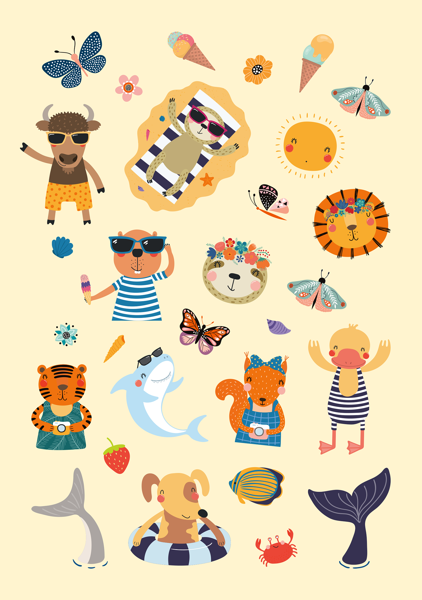 Gezeigt wird eine Innen- oder Zusatzansicht von „Feriensticker“. Die Illustration zeigt eine Vielzahl farbenfroher Tiere, die in Sommerkleidung dargestellt sind. Ein Bison, ein Kater, ein Delphin und andere Figuren tragen Sonnenbrillen und zeigen unterschiedliche Aktivitäten, wie Eis essen oder Schwimmen. Die Hintergrundfarbe ist sanft beige, ergänzt durch bunte Elemente wie Blumen, Schmetterlinge und maritime Motive. Die Verwendung klarer, verspielter Typografie und lebendiger Farben...