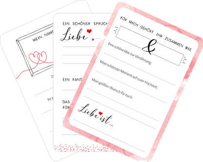 Gezeigt wird eine Innen- oder Zusatzansicht von „50 Gästebuchkarten zur Hochzeit“. Die Karten präsentieren ein zartes, romantisches Design in Rosé- und Weißtönen. Jede Karte ist mit handschriftlichen Elementen und dekorativen Symbolen wie einem Herzen verziert. Die Typografie ist elegant und gut lesbar, teilweise in Script- und Druckschrift. Die Karten bieten Platz für persönliche Botschaften und Wünsche, unterteilt in Abschnitte wie „Ein schöner Spruch“ und „Mein größter...