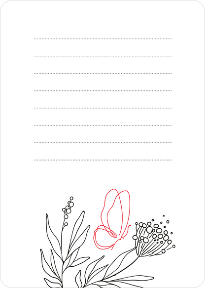 Gezeigt wird eine Innen- oder Zusatzansicht von „50 Gästebuchkarten zur Hochzeit“. Die Karte hat einen weißen Hintergrund und zeigt ein filigranes, schwarz umrandetes Blumen- und Schmetterlingsmotiv am unteren Rand. Darüber verlaufen sechs linierte Zeilen in grauer Farbe, die Platz für persönliche Nachrichten bieten. Die Schriftart ist klar und gut lesbar, was die Nutzerfreundlichkeit unterstützt und die romantische Stimmung der Hochzeitsfeier unterstreicht.