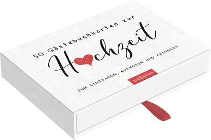 Das Cover zeigt eine schlichte, helle Box mit einer strukturierten Oberfläche. Auf der Vorderseite steht der Titel „50 Gästebu chkarten zur Hochzeit“ in eleganter, geschwungener Typografie, wobei das Wort „Hochzeit“ hervorgehoben ist, umgeben von einem roten Herz. Darunter befindet sich der Hinweis „Zum Eintragen, Aufheben und Erinnern“ in schlichter Schrift. Ganz unten mittig steht der Logoschriftzug von arsEdition.