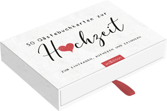 Das Cover zeigt eine schlichte, helle Box mit einer strukturierten Oberfläche. Auf der Vorderseite steht der Titel „50 Gästebu chkarten zur Hochzeit“ in eleganter, geschwungener Typografie, wobei das Wort „Hochzeit“ hervorgehoben ist, umgeben von einem roten Herz. Darunter befindet sich der Hinweis „Zum Eintragen, Aufheben und Erinnern“ in schlichter Schrift. Ganz unten mittig steht der Logoschriftzug von arsEdition.