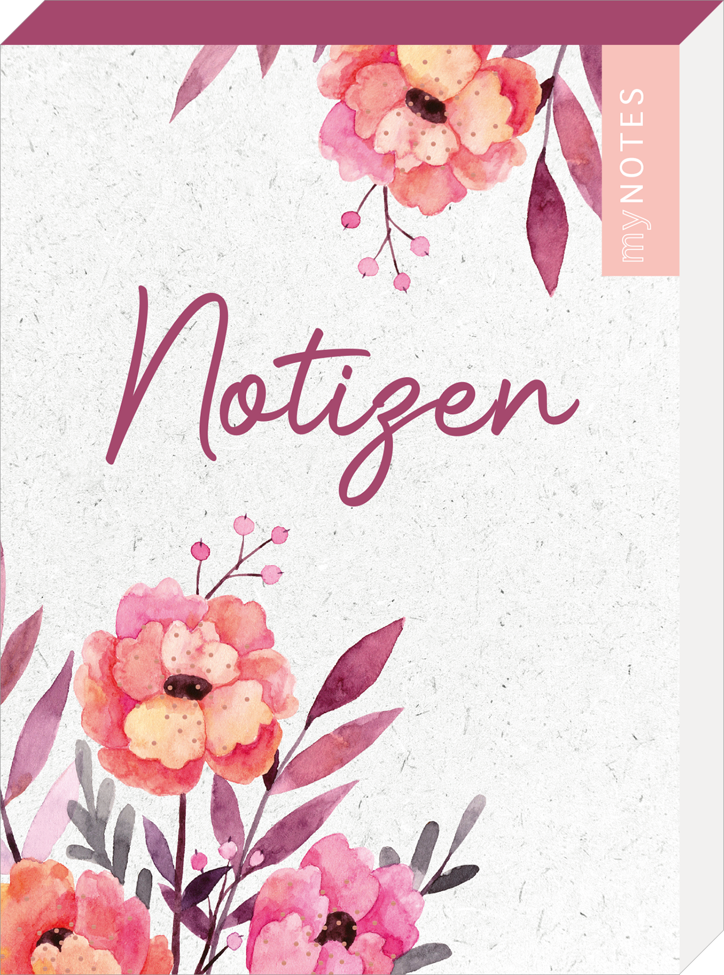 Auf dem Buchcover dominieren zarte Aquarellblumen in verschiedenen Rosa- und Lilatönen, umgeben von filigranen Blättern. Der Titel „Notizen“ ist in eleganter, geschwungener Schrift in tiefem Violett platziert und vermittelt eine einladende Atmosphäre. Oben rechts ist der Schriftzug „my NOTES“ in zartem Rosa zu sehen. Das gesamte Design strahlt Harmonie und Kreativität aus. Ganz unten mittig steht der Logoschriftzug von arsEdition.