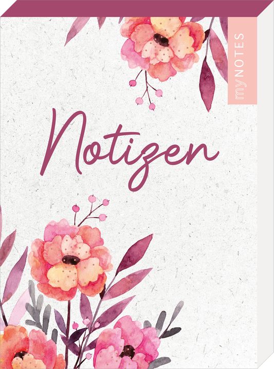Auf dem Buchcover dominieren zarte Aquarellblumen in verschiedenen Rosa- und Lilatönen, umgeben von filigranen Blättern. Der Titel „Notizen“ ist in eleganter, geschwungener Schrift in tiefem Violett platziert und vermittelt eine einladende Atmosphäre. Oben rechts ist der Schriftzug „my NOTES“ in zartem Rosa zu sehen. Das gesamte Design strahlt Harmonie und Kreativität aus. Ganz unten mittig steht der Logoschriftzug von arsEdition.