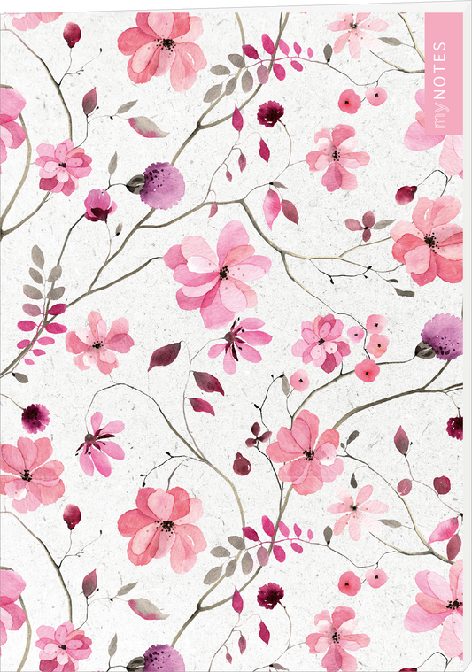 Das Buchcover zeigt ein zartes florales Muster in sanften Rosatönen und verschiedenen Blüten, unterbrochen von fein gezeichneten Ästen und Blättern. Der Hintergrund ist hell und unifarben, was die floralen Elemente hervorhebt. In der oberen rechten Ecke befindet sich der Schriftzug „my NOTES“ in einer modernen, klaren Typografie. Die romantische und ansprechende Atmosphäre lädt zum Schreiben ein. Ganz unten mittig steht der Logoschriftzug von arsEdition.