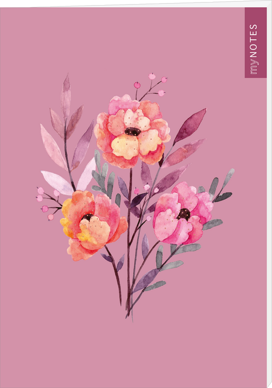 Das Buchcover zeigt ein sanftes, rosa Hintergrunddesign, auf dem ein florales Arrangement in verschiedenen Rosatönen abgebildet ist. Die Blüten sind lebendig und detailreich gestaltet, umrahmt von zarten grünen Blättern und Stängeln. In der oberen Ecke rechts steht in auffälliger Schrift „my NOTES“. Die Gesamtgestaltung vermittelt eine fröhliche und einladende Atmosphäre. Ganz unten mittig steht der Logoschriftzug von arsEdition.
