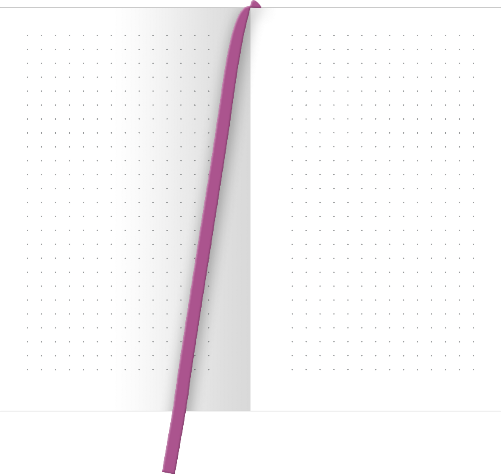 Gezeigt wird eine Innenansicht von „myNOTES Papeterie: Notizbuch A6 Blumenträume“. Die Doppelseite besteht aus einem klaren, weißen Hintergrund mit dezenten, gleichmäßig verteilten Punkten in hellem Grauton, die das Schreiben erleichtern. Die Bindung ist durch ein lila Lesezeichen hervorgehoben, das einen lebendigen Akzent setzt. Die Typografie ist schlicht und gut lesbar, ideal für Notizen und kreative Entwürfe.