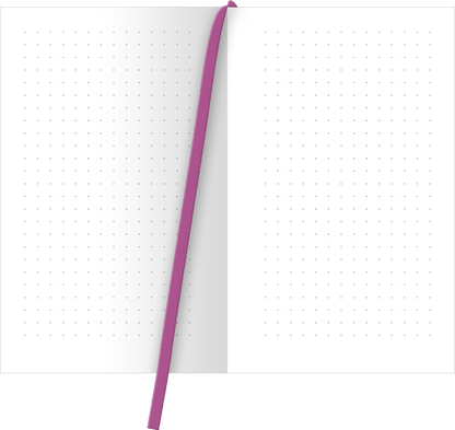 Gezeigt wird eine Innenansicht von „myNOTES Papeterie: Notizbuch A6 Blumenträume“. Die Doppelseite besteht aus einem klaren, weißen Hintergrund mit dezenten, gleichmäßig verteilten Punkten in hellem Grauton, die das Schreiben erleichtern. Die Bindung ist durch ein lila Lesezeichen hervorgehoben, das einen lebendigen Akzent setzt. Die Typografie ist schlicht und gut lesbar, ideal für Notizen und kreative Entwürfe.