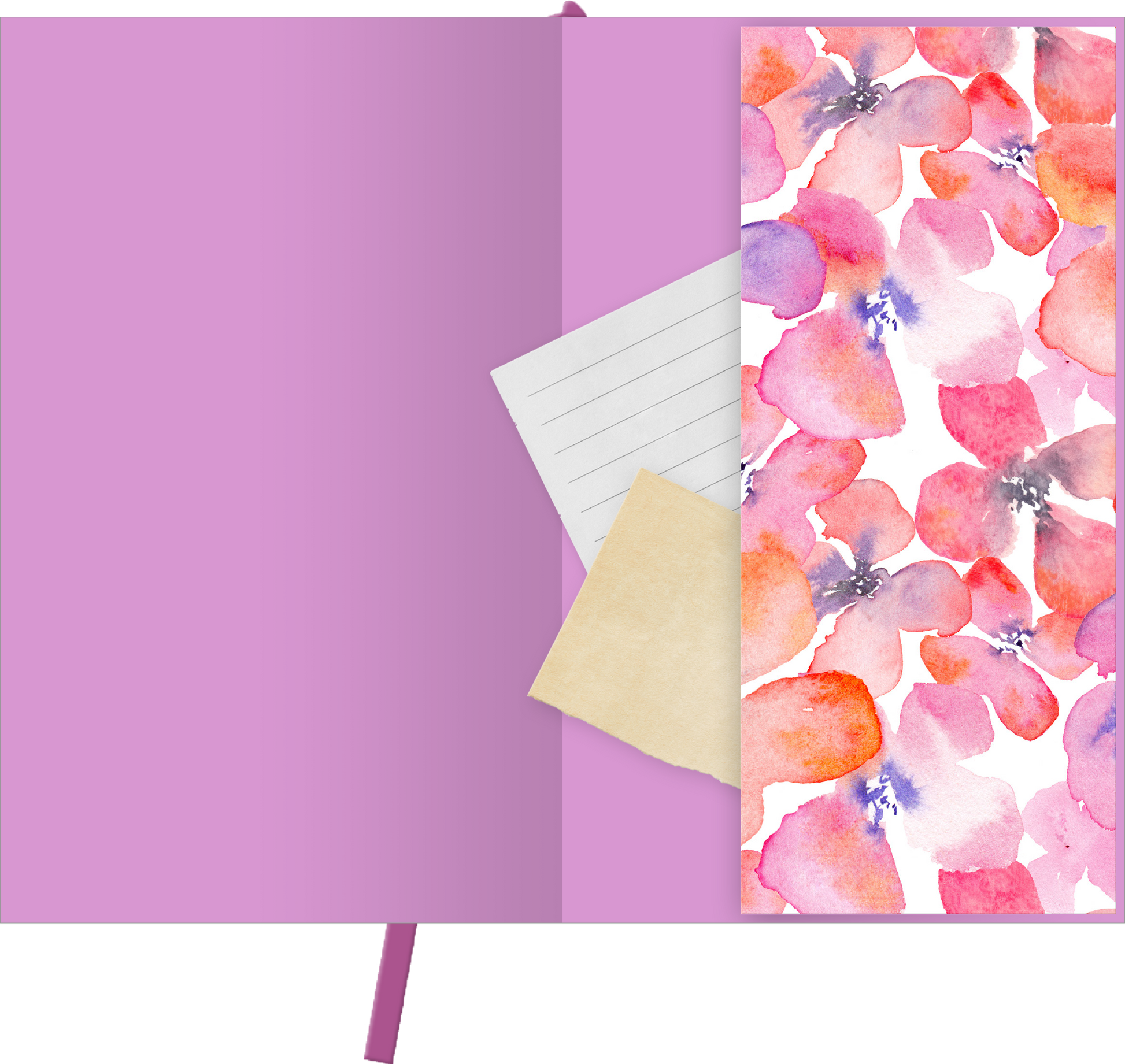 Gezeigt wird eine Innen- oder Zusatzansicht von „myNOTES Papeterie: Notizbuch A6 Blumenträume“. Die Innenseite präsentiert eine sanfte lila Farbe, die sich harmonisch in das Design einfügt. Auf der rechten Seite ist ein florales Muster mit Aquarellblüten in Rosa-, Rot- und Violetttönen zu sehen. In der Mitte sind mehrere Blätter mit Linien, darunter ein leichtes, beigefarbenes Blatt. Die Typografie ist schlicht und klar, ideal für Notizen und kreative Einträge.