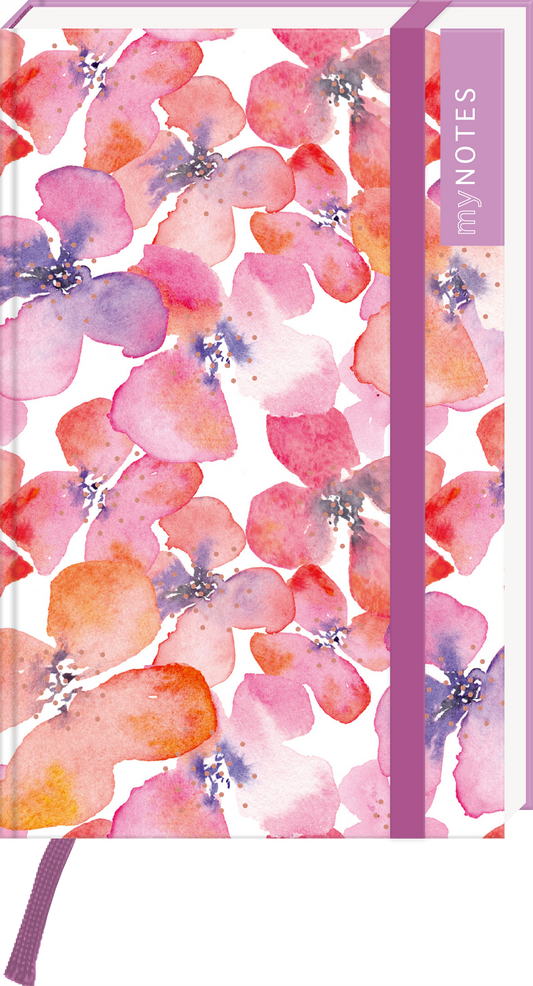 Das Buchcover zeigt ein florales Muster mit Aquarellblumen in sanften Farbtönen von Rosa, Lila und Orange auf einem weißen Hintergrund. Die Blumen sind üppig angeordnet, was eine freundliche und einladende Atmosphäre vermittelt. Auf der rechten Seite befindet sich eine schmale, lila Farbschiene mit der Aufschrift „my NOTES“ in einer elegant modernen Schrift. Ganz unten mittig steht der Logoschriftzug von arsEdition.
