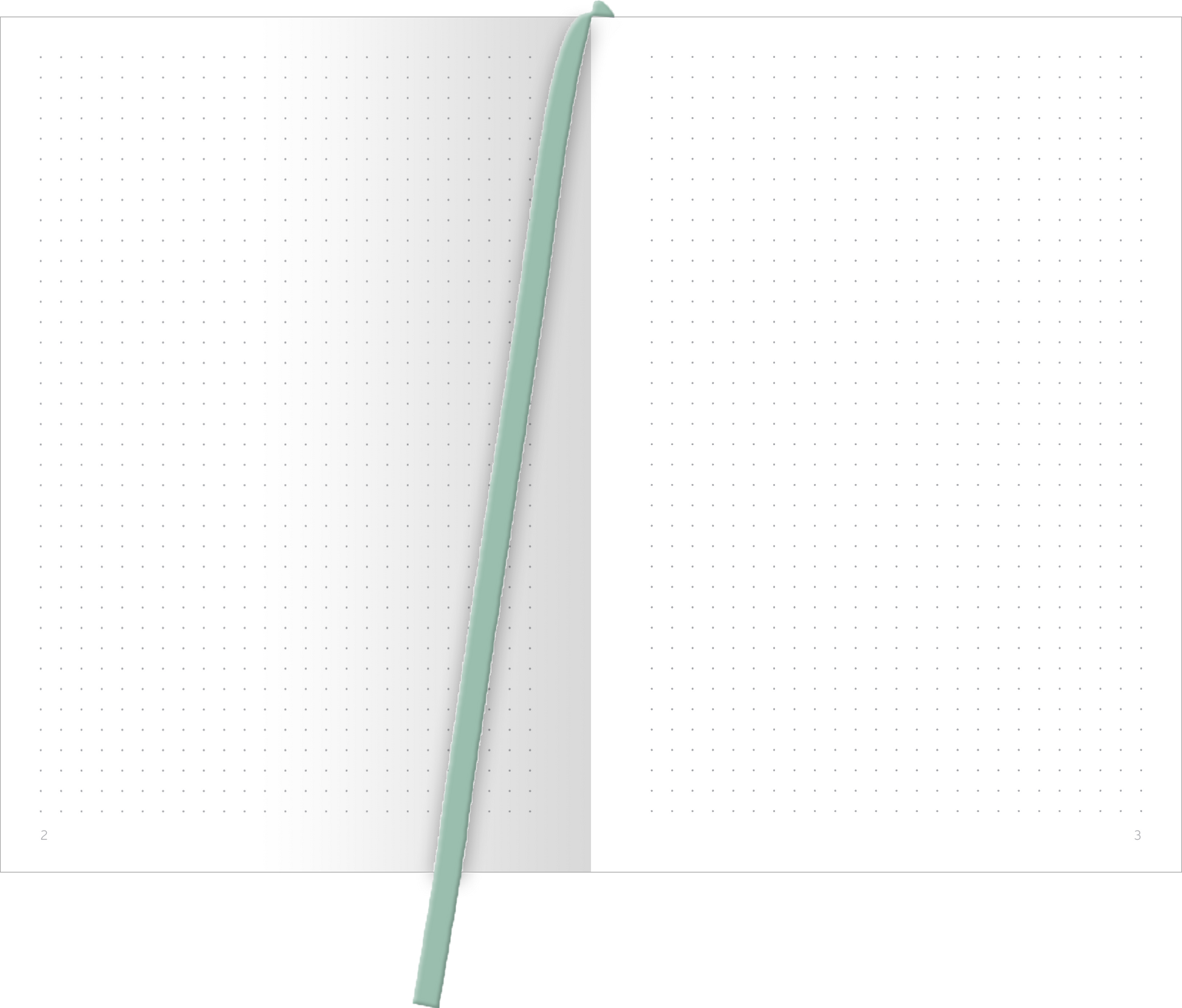 Gezeigt wird eine Innen- oder Zusatzansicht von „myNOTES Papeterie: Notizbuch A5 Blumenträume“. Die Ansicht zeigt zwei leere Seiten mit einem punktierten Muster, ideal für Notizen und Skizzen. Die Seiten sind in einem hellen, sanften Weiß gehalten, während die Bindung und das Lesezeichen in einem zarten Mintton gehalten sind. Die klare und moderne Typografie stellt sicher, dass die Inhalte gut lesbar sind, und bietet eine elegante Ergänzung zu dem blumigen Design des Notizbuchs.