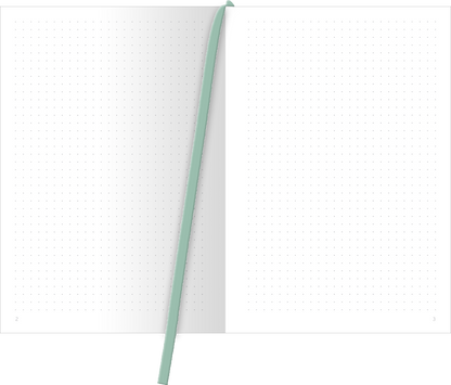 Gezeigt wird eine Innen- oder Zusatzansicht von „myNOTES Papeterie: Notizbuch A5 Blumenträume“. Die Ansicht zeigt zwei leere Seiten mit einem punktierten Muster, ideal für Notizen und Skizzen. Die Seiten sind in einem hellen, sanften Weiß gehalten, während die Bindung und das Lesezeichen in einem zarten Mintton gehalten sind. Die klare und moderne Typografie stellt sicher, dass die Inhalte gut lesbar sind, und bietet eine elegante Ergänzung zu dem blumigen Design des Notizbuchs.