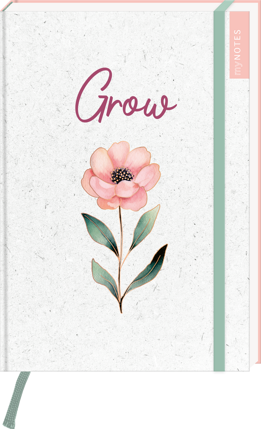 Das Buchcover zeigt auf einem strukturierten, hellen Hintergrund eine zarte, rosa Blume mit grünen Blättern. Der Titel „Grow“ ist in einer eleganten, geschwungenen Schrift in einem tiefen Violett platziert. Am oberen Rand des Covers wirkt die Gestaltung harmonisch und freundlich, was eine positive und einladende Atmosphäre vermittelt. In der oberen rechten Ecke ist ein schmaler, heller Schriftzug „my NOTES“ zu sehen. Ganz unten mittig steht der Logoschriftzug von arsEdition.