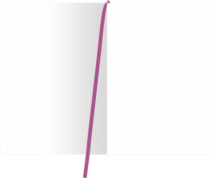 Gezeigt wird eine Innen- oder Zusatzansicht von „myNOTES Papeterie: Notizbuch A4 Blumenträume“. Die Seiten sind in einem klaren, weißen Design mit sanften, punktierten Rasterlinien gestaltet. Eine kräftige, lilafarbene Leseband ist sichtbar, das einen farbenfrohen Akzent setzt. Die Typografie auf den Seiten ist schlicht und gut lesbar, ideal zum Notieren von Ideen oder Gedanken. Die insgesamt harmonische Farbgestaltung fördert eine angenehme Schreibatmosphäre.