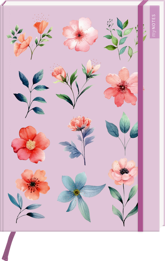 Das Buchcover zeigt eine sanfte lila Hintergrundfarbe, die mit verschiedenen stilisierten Blumenmotiven in Rosa-, Rot- und Grüntönen geschmückt ist. Diese floralen Elemente sind harmonisch angeordnet und verleihen dem Cover eine fröhliche und einladende Atmosphäre. Die Typografie ist schlicht und modern, ohne weitere Schriftzüge. Ganz unten mittig steht der Logoschriftzug von arsEdition.